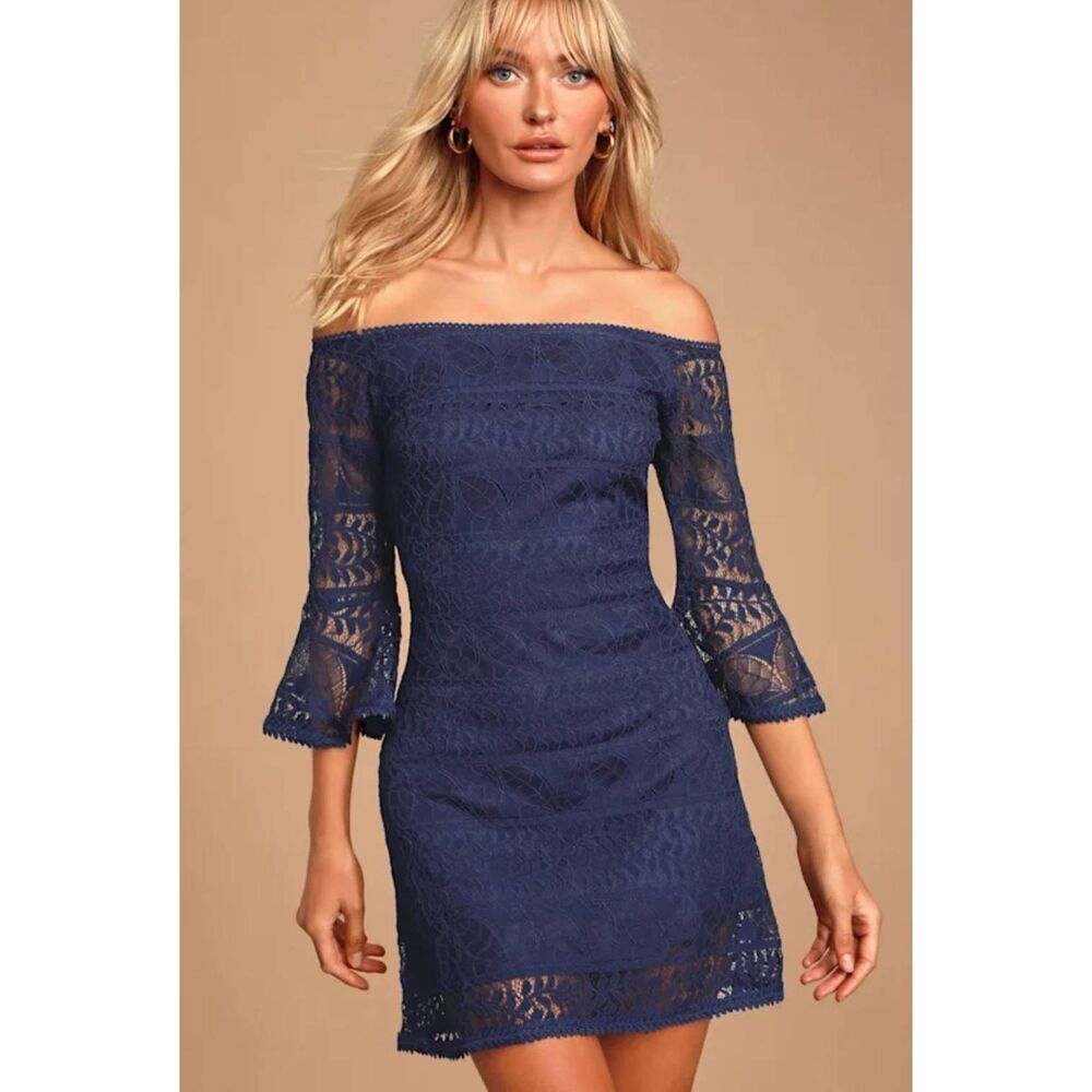 Lulus Emeline Navy Blue Lace Off-the-Shoulder Dress, NWT, SZ. L